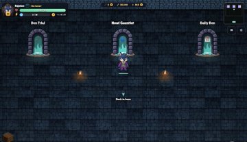 A screenshot from a retro-style pixel RPG game showing three door portals labeled 'Boss Trial', 'Boss Casualist', and 'Daily Boss' with a player character in dark armor.