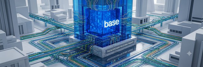 A 3D-rendered image displays a glowing blue structure labeled 'base' rising from a futuristic white city, with the base text 'THE BLOCKCHAIN FOR EVERYONE FINANCE' visible below.