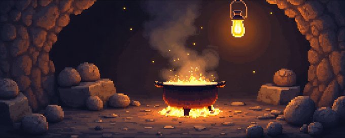 A pixel art scene shows a bubbling cauldron over an open flame inside a rocky cave, lit by a hanging lantern and surrounded by scattered stones. The image visually ties into the post's "cooking up" metaphor, symbolizing the development team's preparation ahead of the September 14, 18:00 UTC mint for MinerPotatos.
