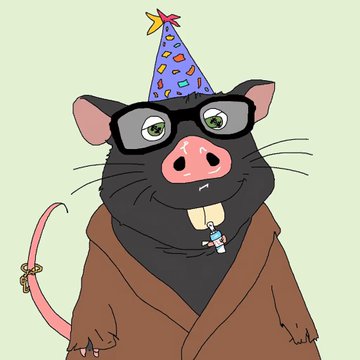 A cartoon illustration of a black rat wearing thick glasses, a brown robe, and a colorful party hat, with a pink tail visible.