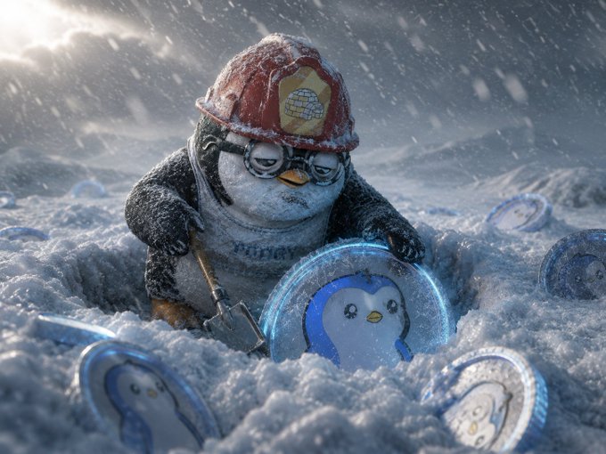 A 3D-rendered penguin wearing a red firefighter helmet and goggles digs through a snowy landscape with a shovel, surrounded by scattered blue and silver cryptocurrency-style coins featuring penguin designs.