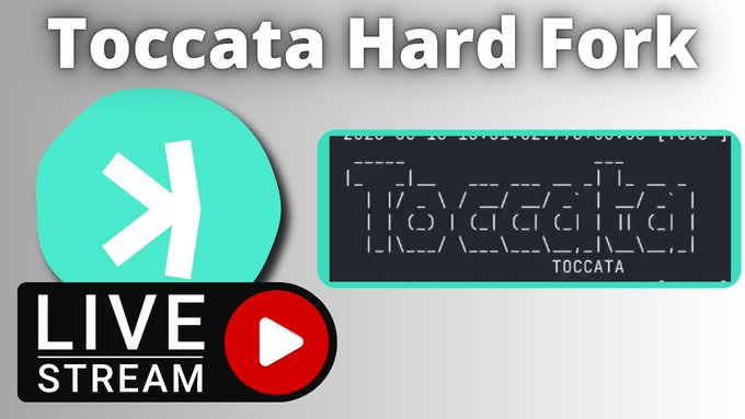 A promotional graphic featuring the teal Kaspa (KAS) logo alongside a license plate-style "Toccata" display, with bold text reading "Toccata Hard Fork" and a YouTube "Live Stream" indicator, advertising a livestream covering the upcoming Kaspa Toccata hard fork activation.