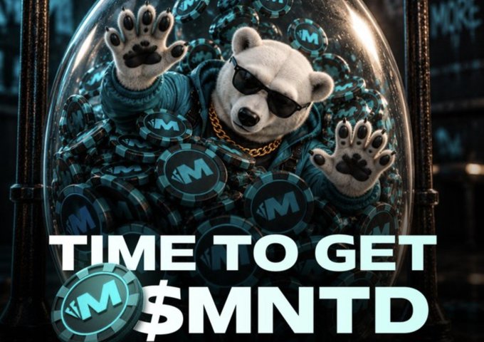 An AI-generated image shows a bear wearing sunglasses and a gold chain surrounded by 'M' coins, with text reading 'TIME TO GET $MNTD'.
