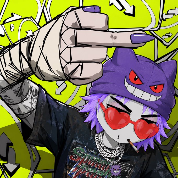 An anime-style illustration featuring a character with purple hair, heart-shaped sunglasses, and a Gengar (Pokémon) hat, pointing toward the viewer with a bandaged fist against a yellow background with arrows.