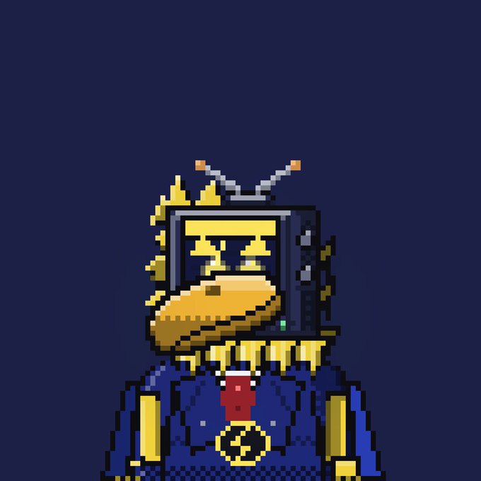 A pixel art portrait depicts a character with a television for a head displaying a pixelated face, featuring yellow spiky hair on the side, a large yellow muzzle, and a blue suit with a red tie and gold 'S' emblem on a dark blue background.