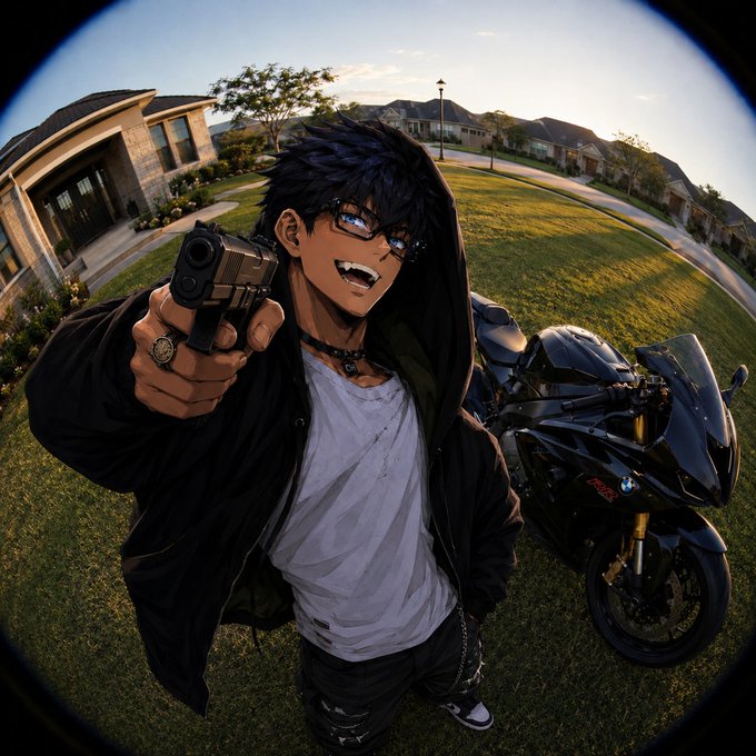 An anime-style character with dark hair and glasses pointing a gun at the camera with a wide grin, standing on a suburban lawn next to a black BMW motorcycle.