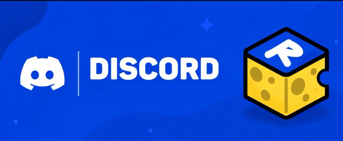 A Discord promotional banner featuring the platform's white mascot logo and "DISCORD" text alongside a yellow cheese block bearing the RATS project logo, promoting the "OG RATS" Discord server.
