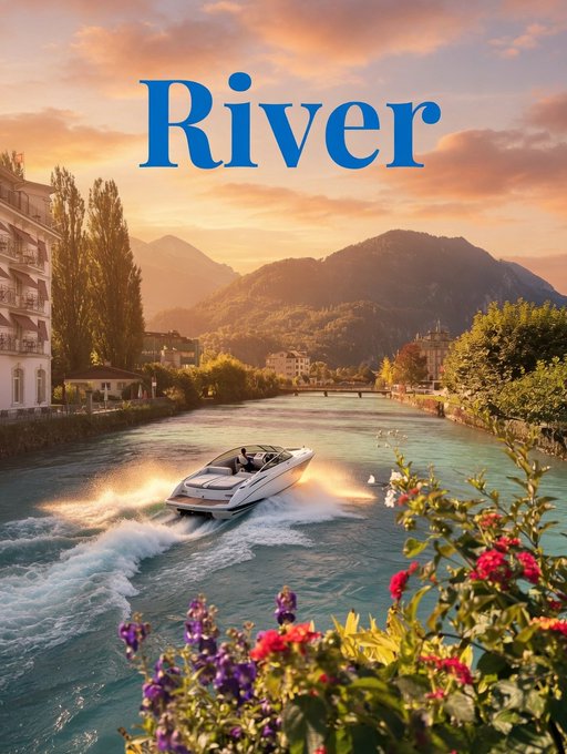 urns of water, flowers, and a white boat with two people on it are featured in the foreground, with mountains rising behind them against a blue sky.