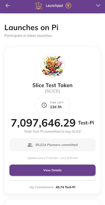 The image shows a smartphone screen displaying information about a Slice token launch event. The screen has a purple background with white text that reads "Slice Test Tokens (Slice token testing is now live on Pi Network's ecosystem!) Pioneers, commit to Slice Token and help reach the 10M target. Together, we are building real utility on Pi network i love you pinetwork... #PiLaunchpad #PiNetwork #PiDex." The post appears to be a promotional message for the launch of a new token, and it encourages users to participate in the testing process by committing to the Slice token and helping reach the 10M target.