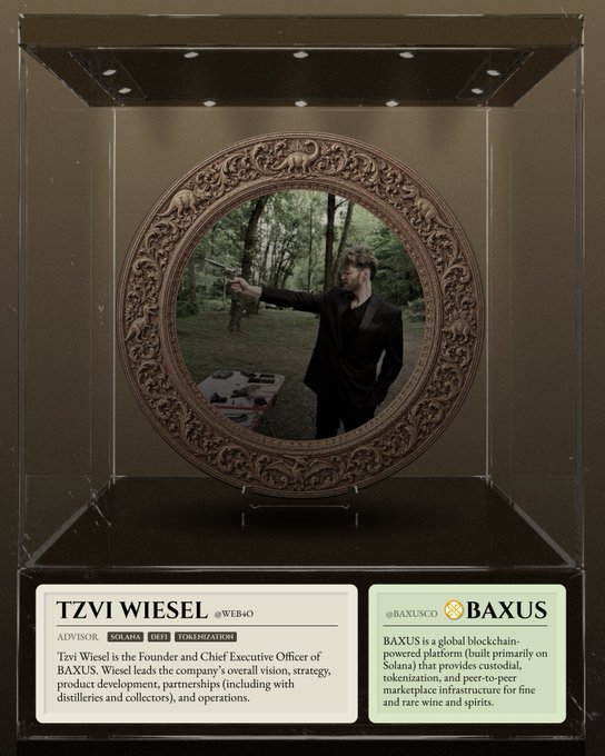 The image features a glass display case with a framed photo of a man inside. The frame has a brown border and a gold design around the edge. Below the frame, there are three lines of text that provide information about the person depicted in the picture. These texts describe the individual as a founder of Jurassic Finance Labs, an executive at Binance Global Blockchain, and a tokenized dinosaur enthusiast.