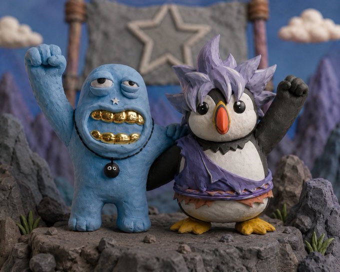A whimsical claymation-style scene featuring a blue, one-eyed monster with gold teeth raising its fist next to a penguin-like creature with spiky purple hair, standing on a rocky surface with a star-emblazoned banner behind them.