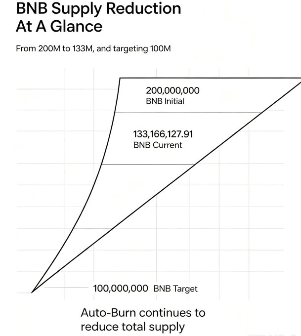 A minimalist infographic titled 'BNB Supply Reduction At A Glance' showing a line graph of BNB token supply decreasing from 200M initial to 133,166,127.91 current, targeting 100M.