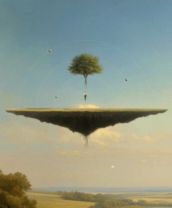 A surreal artwork depicts a floating island with a tree on top, a small figure hanging beneath it, and circular geometric lines surrounding the scene against a serene sky and landscape.