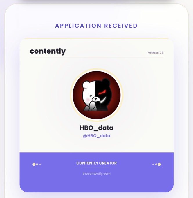 A 'Contently' application received confirmation page showing membership 26 for user HBO_data (@HBO_data) as a Contently Creator.