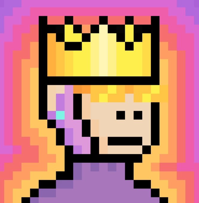 Pixel art portrait of a character with a yellow crown, blonde hair, and purple face on a pink/orange gradient background.