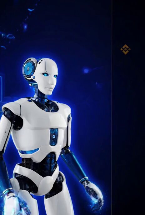 The image features a white and blue robot standing against a dark blue background and holding up an item at the bottom of the frame. The text "Binance isn't just listingUSD1—it's placing it at the heart of the ecosystem!" appears, which emphasizes that the currency is central to the cryptocurrency community and their activities.