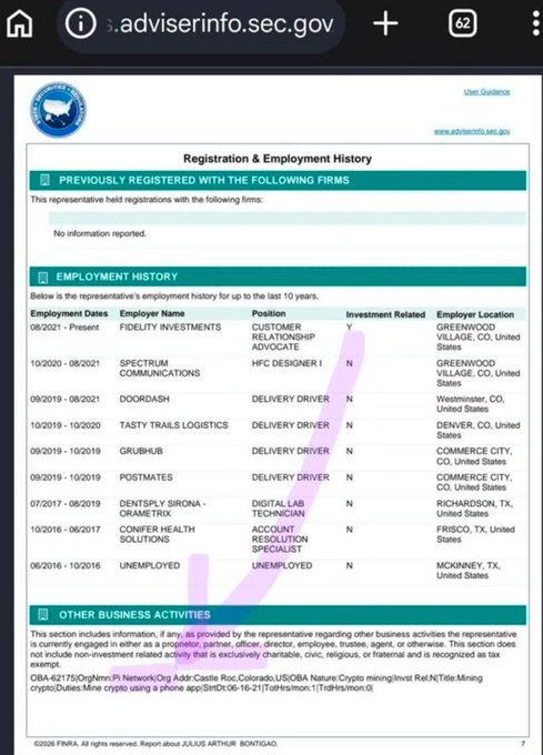 A screenshot of an SEC adviserinfo.sec.gov public disclosure page for Julius Arthur Bontigau shows his 10-year employment history, including his current role as a Customer Relationship Advocate at Fidelity Investments in Greenwood Village, CO, with a footnote under "Other Business Activities" indicating he participates in Pi Network crypto mining on his phone.