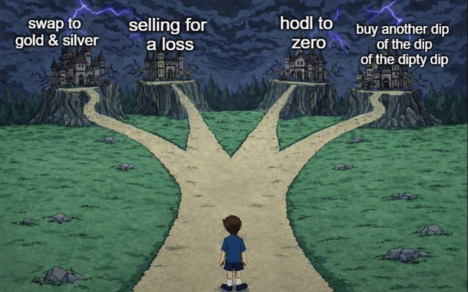A cartoon-style "choose your own adventure" image shows a boy facing four divergent paths, each leading to a haunted castle labeled with a crypto investment outcome: "swap to gold & silver," "selling for a loss," "hodl to zero," and "buy another dip of the dip of the dipty dip." The dark, stormy setting reinforces the post's warning that, despite the different routes investors take, all roads ultimately lead to "HODL to zero."