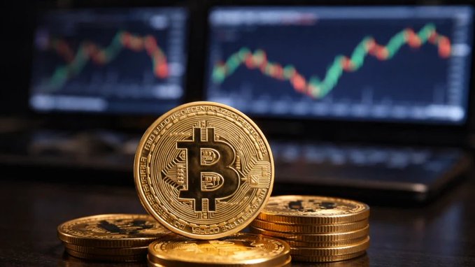 A close-up of golden Bitcoin physical tokens stacked in front of computer monitors displaying red and green trading candlestick charts.