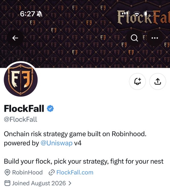 The image shows the Twitter/X profile of **FlockFall (@FlockFall)**, describing it as an "Onchain risk strategy game built on Robinhood, powered by @Uniswap v4," with the tagline "Build your flock, pick your strategy, fight for your nest." The profile visually introduces the game featured in the post, reinforcing its identity as an upcoming Play-to-Earn (P2E) project on Robinhood with a 4,000 supply.