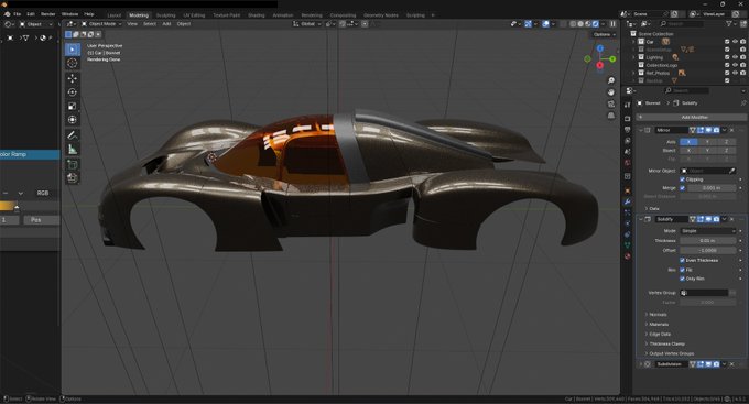 A screenshot of Blender 3D software showing a metallic bronze car model being rendered, with various modeling panels visible on the interface.
