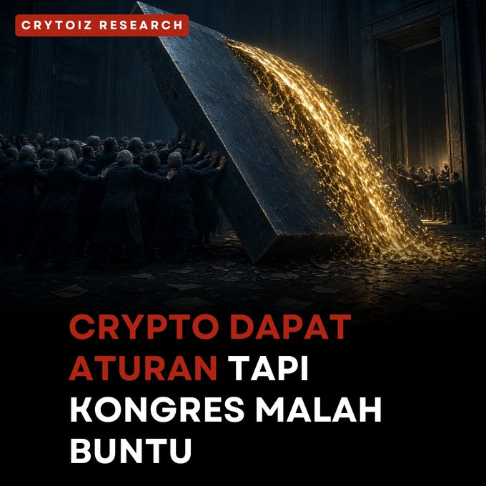 A graphic with the header 'CRYTOIZ RESEARCH' showing figures pushing a large stone block with gold spilling out, accompanied by the text 'CRYPTO DAPAT ATURAN TAPI KONGRES MALAH BUNTU'.