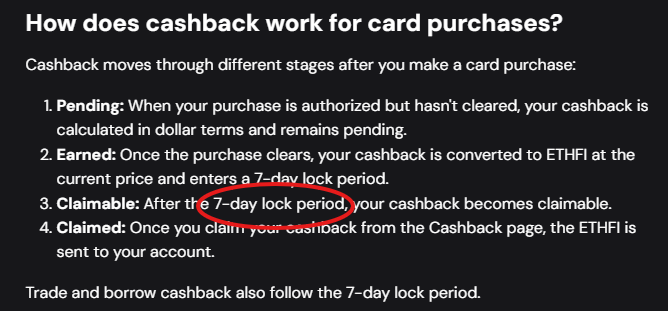 An informational graphic titled 'How does cashback work for card purchases?' explains four stages—Pending, Earned, Claimable, and Claimed—with the phrase '7-day lock period' circled in red.