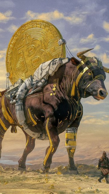 A massive mechanical bull adorned with Bitcoin imagery and golden armor charges across a barren landscape, dwarfing a lone armored figure in the foreground. The image visually mirrors the post's theme of $IRON serving as a powerful underlying force (represented by the towering crypto-charged beast) that drives value and action within a community, rather than being the spectacle itself.