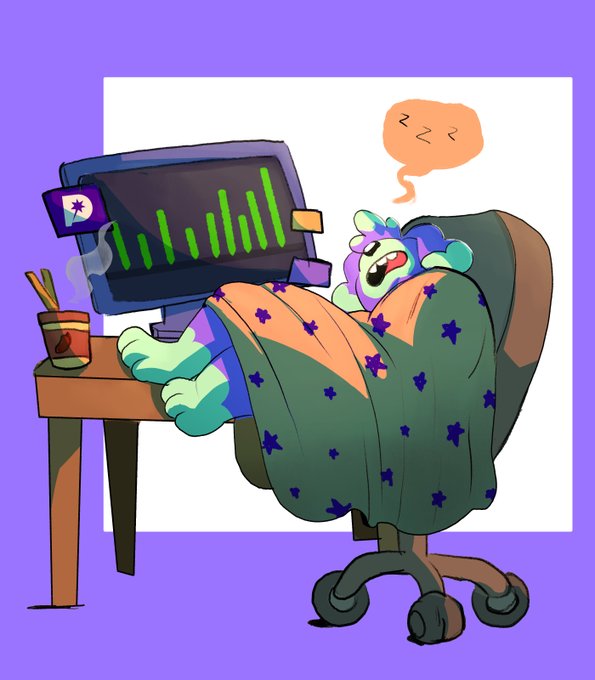 A cartoon character is asleep in an office chair, wrapped in a star-patterned blanket, snoring in front of a computer showing rising green trading bars—capturing the anxious, exhausting wait for a response from @popdex_ traders.