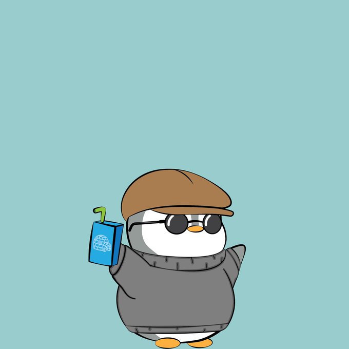A cartoon penguin wearing a brown newsboy cap, sunglasses, and a gray hoodie holds a blue juice box with a straw against a light teal background.