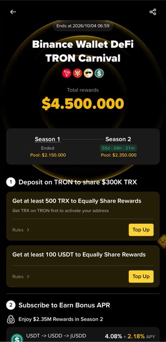 A mobile screenshot of a 'Binance Wallet DeFi TRON Carnival' promotion offering a total of $4,500,000 in rewards for depositing TRON and subscribing to earn a bonus APR.
