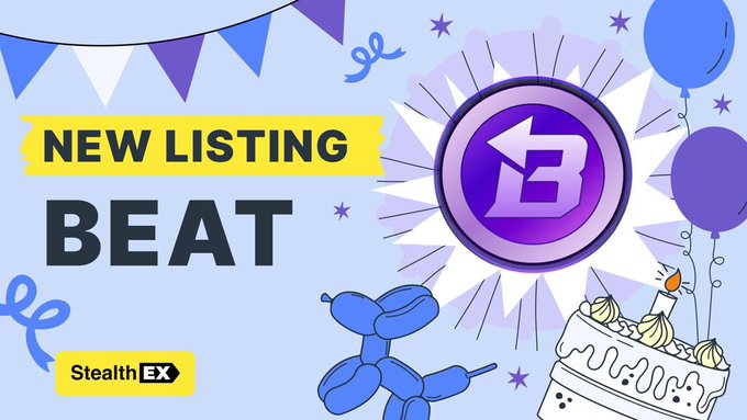 A festive 'NEW LISTING' announcement graphic for 'BEAT' with a 'StealthEX' logo, featuring a purple 'B' coin medallion, balloons, a birthday cake, and a balloon dog.