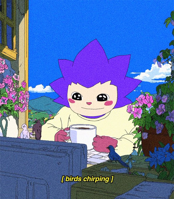 The image shows an anime-style character with spiky purple hair and big eyes enjoying a cup of coffee at a windowsill surrounded by pink flowers, with a small blue bird nearby and birds chirping as indicated by the text "[ birds chirping ]" at the bottom. The peaceful, relaxed scene paired with the caption suggests a calm, carefree approach to their mint event, emphasizing that no whitelist is needed—just like the character is enjoying a stress-free morning moment.