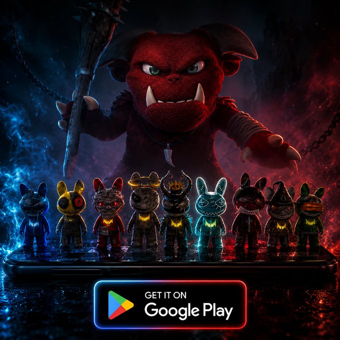 Promotional image for a mobile game featuring a red demon character looming over a lineup of small figurines, with a 'Get it on Google Play' button.