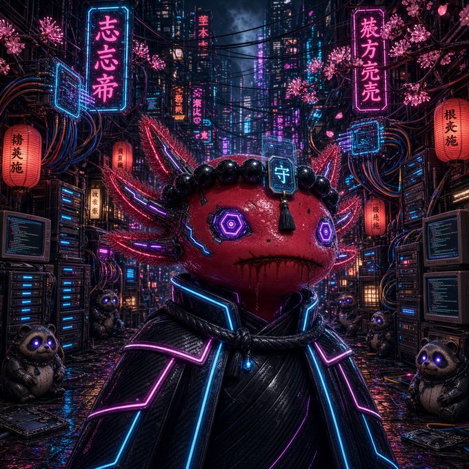 Digital artwork of a menacing, red-faced cyborg character with glowing purple eyes wearing a dark cloak with neon outlines, standing in a futuristic cyberpunk city filled with neon signs and small robot figures.