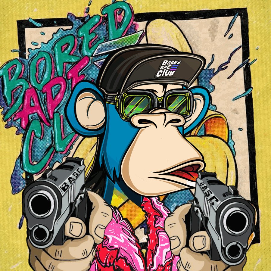 The image features a cartoon monkey wearing sunglasses and holding two guns with both hands. The background of the image has a yellowish hue, which complements the blue color of the monkey's face. The caption "Apes on Solana @BoredApeSolClub" is written in white text at the bottom right corner of the image.