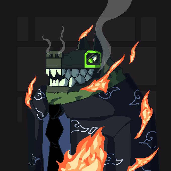 A pixel art illustration depicts a monstrous figure wearing a green military-style helmet with a glowing green eye, engulfed in flames and smoke against a dark background.