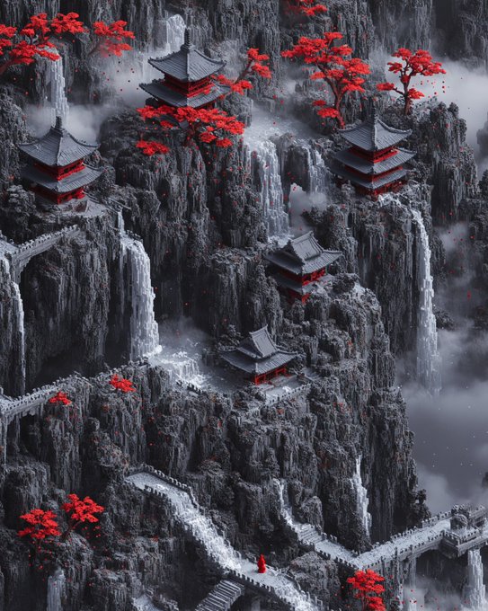 A fantasy digital artwork depicting traditional East Asian pagodas perched on misty gray mountain cliffs with bright red trees and waterfalls.