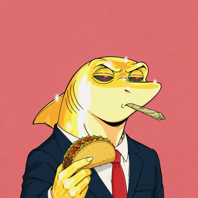 An illustrated cartoon of a golden shark character wearing a suit and red tie, smoking what appears to be a joint and holding a taco.