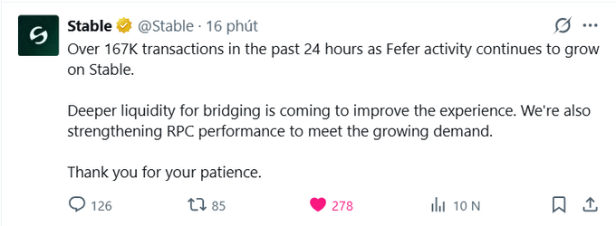 A tweet from the official Stable (@Stable) account reports 167K transactions in 24 hours and mentions "Fefer" activity twice while promising deeper bridging liquidity and improved RPC performance. The accompanying context notes this as a rare instance of a chain publicly promoting a memecoin, suggesting possible ties between "Fefer" and the Stable launch team.