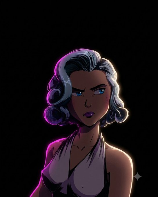 A stylized digital illustration of a woman with wavy silver-grey hair and blue eyes, wearing a white top, set against a black background with purple and orange neon lighting accents.