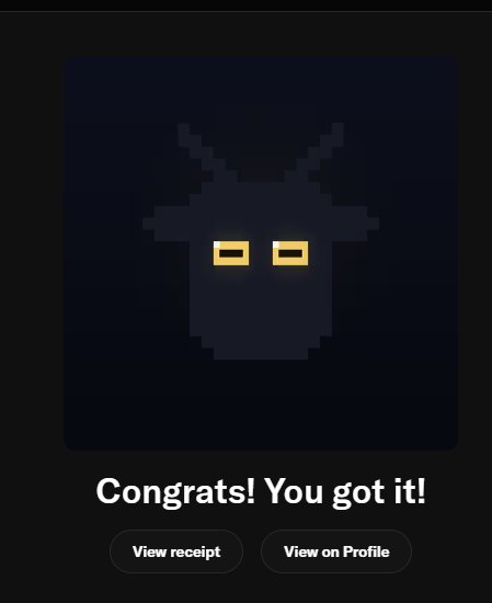 A dark screen displaying a pixelated creature with glowing yellow eyes and pointed ears above the text 'Congrats! You got it!' with 'View receipt' and 'View on Profile' buttons.