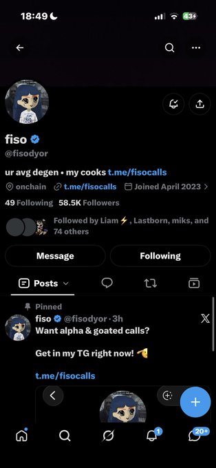 A Twitter/X profile for "fiso" (@fisodyor), a self-described "ur avg degen" with 58.5K followers, pinning a post promoting alpha and "goated calls" via Telegram (t.me/fisocalls).