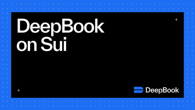 The image features a black frame with white text that reads "DeepBook on Sui" at the top, followed by a blue border with white dots. The title of the post is written in white letters below the frame. The background color of the image is gray.