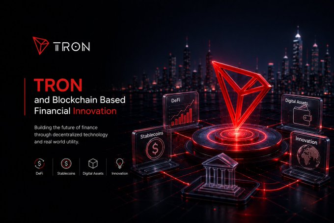 A promotional graphic for TRON with the title "TRON and Blockchain Based Financial Innovation," describing "Building the future of finance through decentralized technology and real world utility," with icons for DeFi, Stablecoins, Digital Assets, and Innovation.