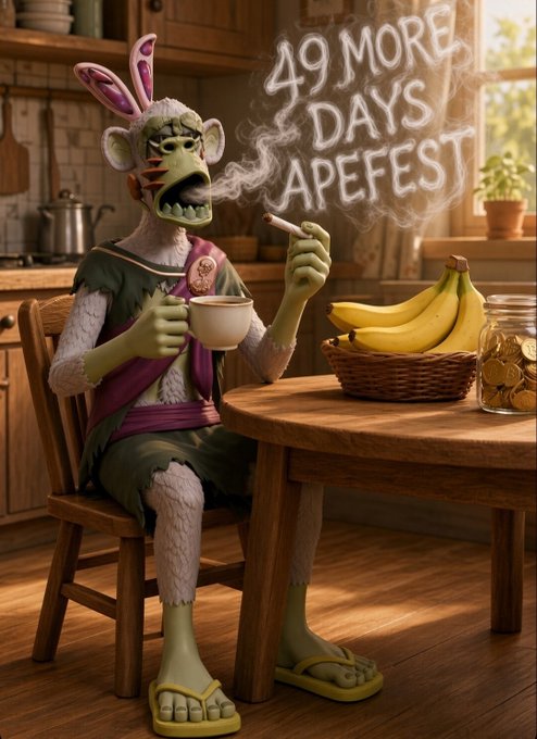 Illustration of a zombie-like ape character wearing bunny ears, sitting at a kitchen table with bananas and coffee, smoking a cigarette, with smoke forming the text '49 MORE DAYS APEFEST'.