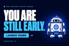 The banner features a blue robot character resembling a Star Wars droid next to the bold text "YOU ARE STILL EARLY" with "TENTH EDITION ALREADY BURNED" above and "LAUNCH YOURS →" below, along with the handle "@BAGSTRIK_25". The post humorously jokes about the droid looking like something from Star Wars, referencing the project "@Xipzer," and the image directly shows the animated DEX banner being discussed.