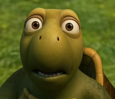 The image features a cartoon turtle with a green body, brown shell, and yellow eyes looking at the camera. The turtle appears to be in a field of grass or dirt, giving it an outdoor setting. The text "liệu $SUI có thể có khác" is present in the image, which could potentially be related to the post's title or some other context.