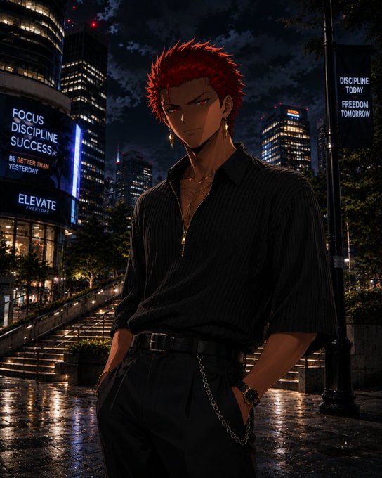 An anime-style illustration of a man with red spiky hair in a black shirt standing on a wet city street at night, with signs reading "FOCUS DISCIPLINE SUCCESS." and "DISCIPLINE TODAY FREEDOM TOMORROW."