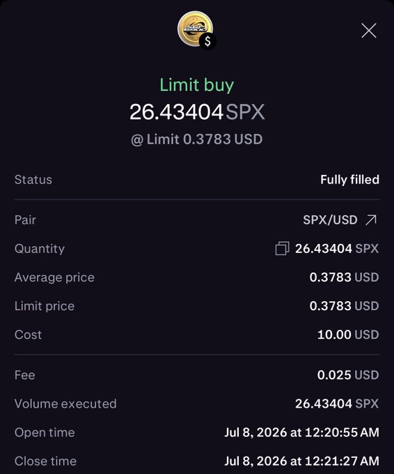 A cryptocurrency trading confirmation screen showing a fully filled limit buy of 26.43404 SPX at 0.3783 USD ($10.00), executed on July 8, 2026 at 12:20:55 AM.